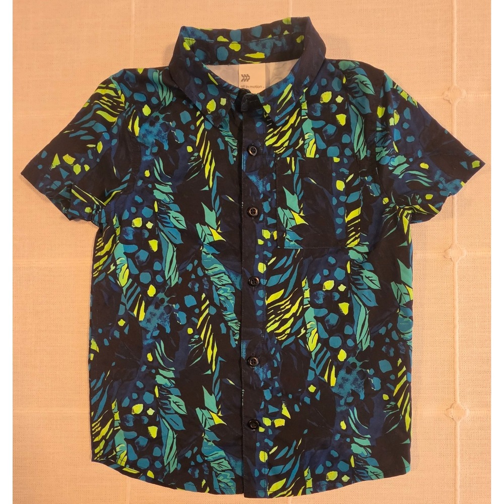 All in Motion Boys XS 4/5 Short Sleeve Button Down Shirt Tropical Blue Green